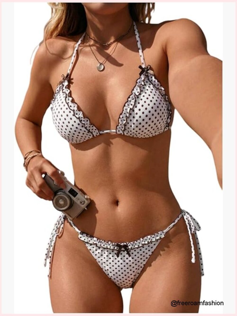 Striped Halter Bikini Set with Frilled Trim, Medium Size
